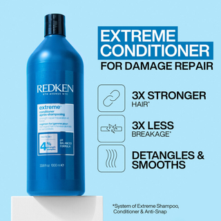 Redken Extreme Strength Repair Conditioner 1000ml professional strengthening conditioner for damaged hair helps reduce breakage detangle smooth strengthen weakened hair restore shine and improve manageability with amino acids arginine and citric acid.