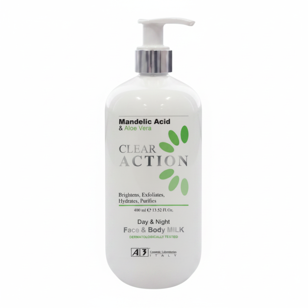 A3 clear action face and body milk lotion with mandelic acid and aloe vera for smooth skin