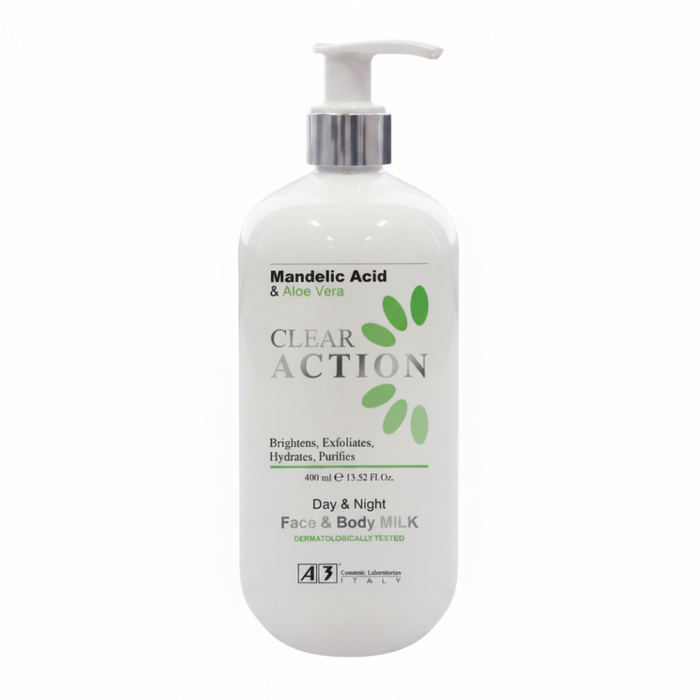 A3 clear action face and body milk lotion with mandelic acid and aloe vera for smooth skin