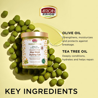 African Pride Moisture Miracle Olive Oil & Tea Tree Oil Max Hold Styling Gel | 18oz | Define & Shine