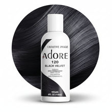 adore 120 black velvet semi permanent hair color 118ml conditioning hair dye with rich velvet black tones and glossy shine for soft smooth hair