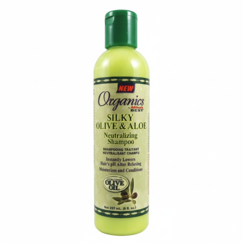 africas best organics silky olive aloe neutralizing shampoo hair pH balance post relaxer cleansing soft smooth healthy hair care