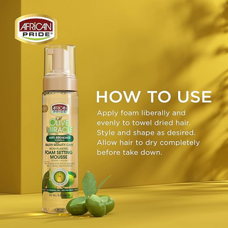 African Pride Olive Miracle Anti-Breakage Formula Foam Setting Mousse- Frizz-Free Hold & Shine – 8.5 oz