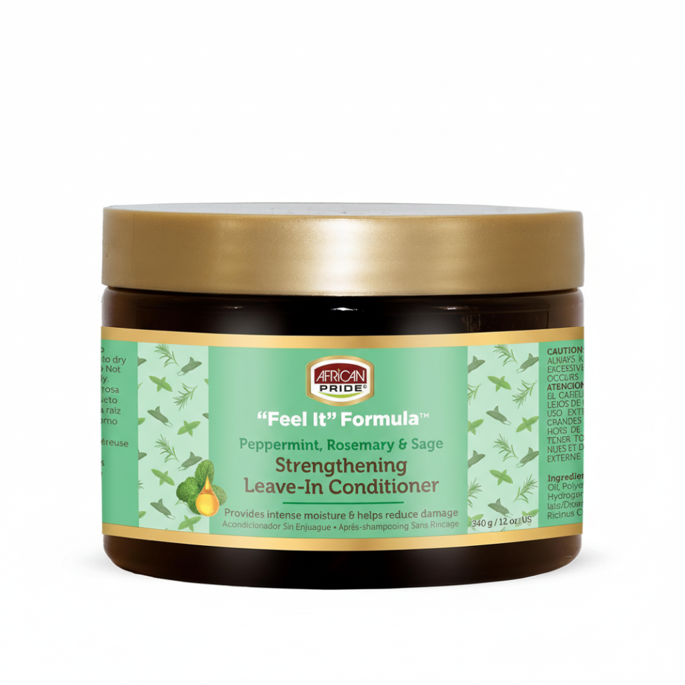 African Pride Feel It Formula Strengthening Leave In Conditioner 12oz for moisture frizz control and breakage support