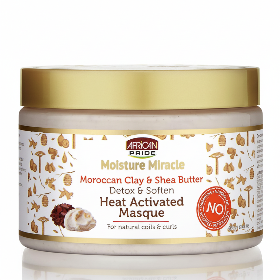 African Pride Moroccan clay shea butter heat activated masque for hydrated softened smooth healthy-looking strengthened hair
