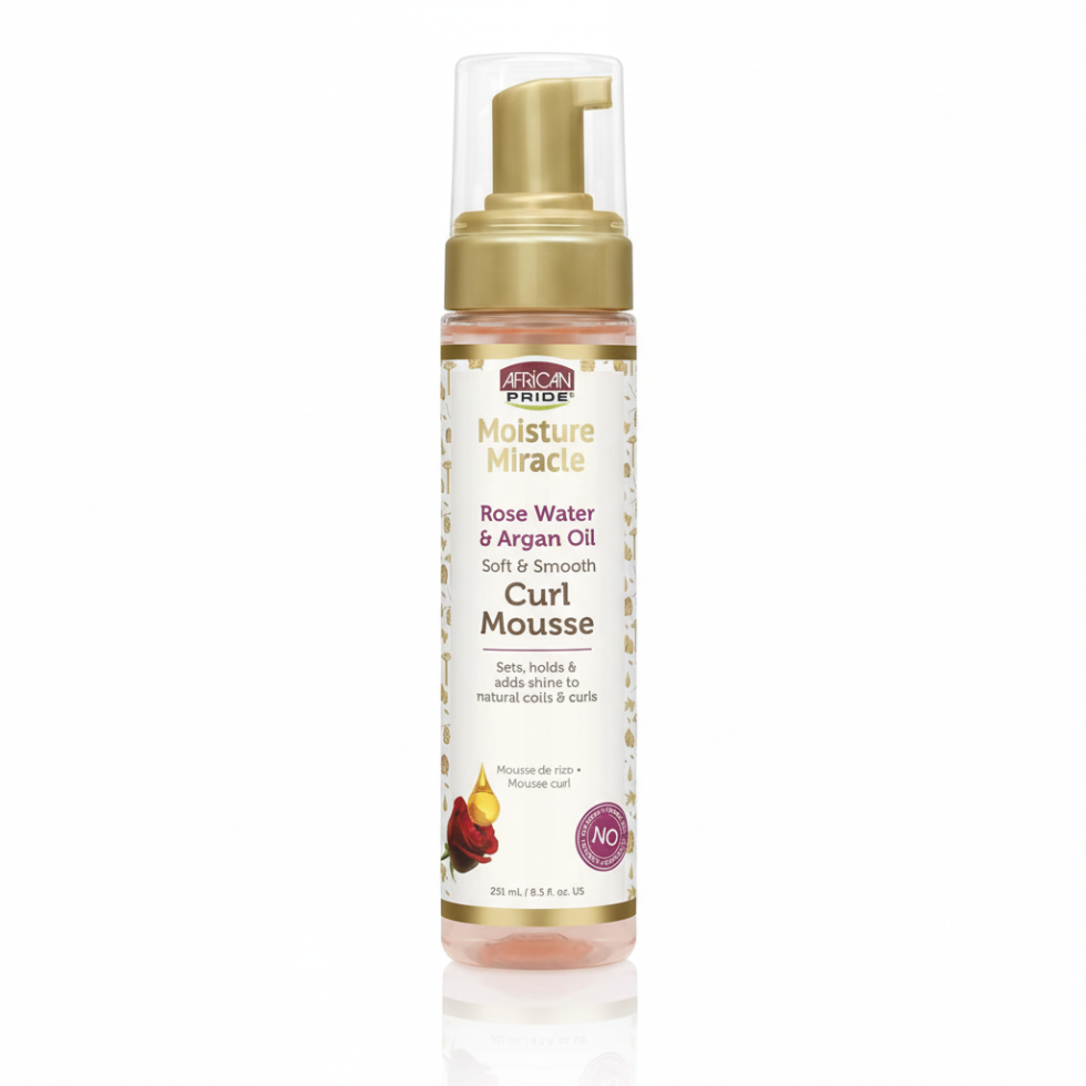 African Pride rose water argan oil curl mousse for hydrated defined frizz-free soft shiny healthy-looking natural curls
