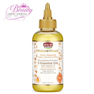African Pride Moisture Miracle Strengthen & Protect 5 Essential Oils With Vitamin 4oz- Shine, Protection, and Growth- Argan, Castor, Grapeseed, Coconut, and Olive Oil
