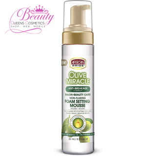 African Pride Olive Miracle Anti-Breakage Formula Foam Setting Mousse- Frizz-Free Hold & Shine – 8.5 oz