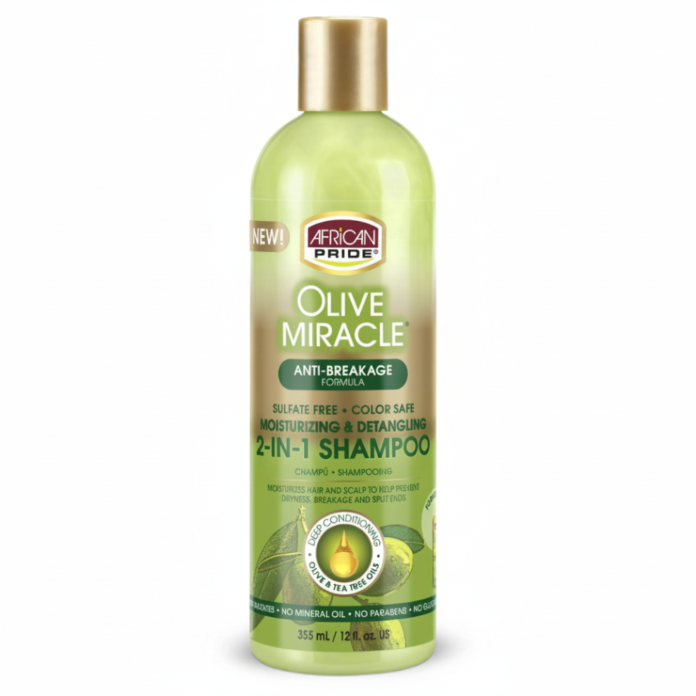 African Pride Olive Miracle moisturizing detangling 2 in 1 shampoo for clean hydrated soft healthy-looking manageable hair
