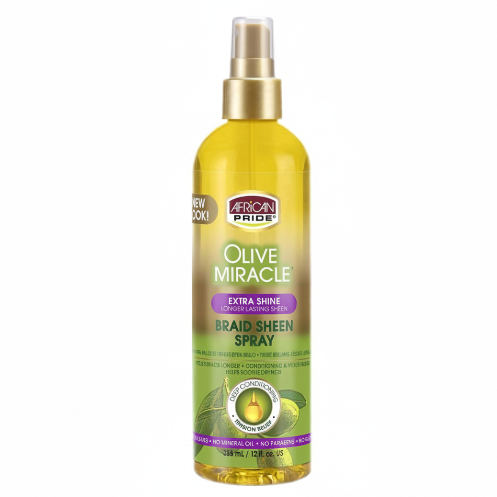 African Pride Olive Miracle extra shine braid sheen spray for moisturized protected shiny healthy-looking braids locs and protective styles
