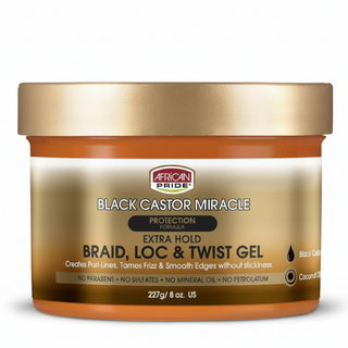 African Pride Black Castor Extra Hold Braid Loc Twist Gel 227g for smooth parts frizz control shine and strong hold