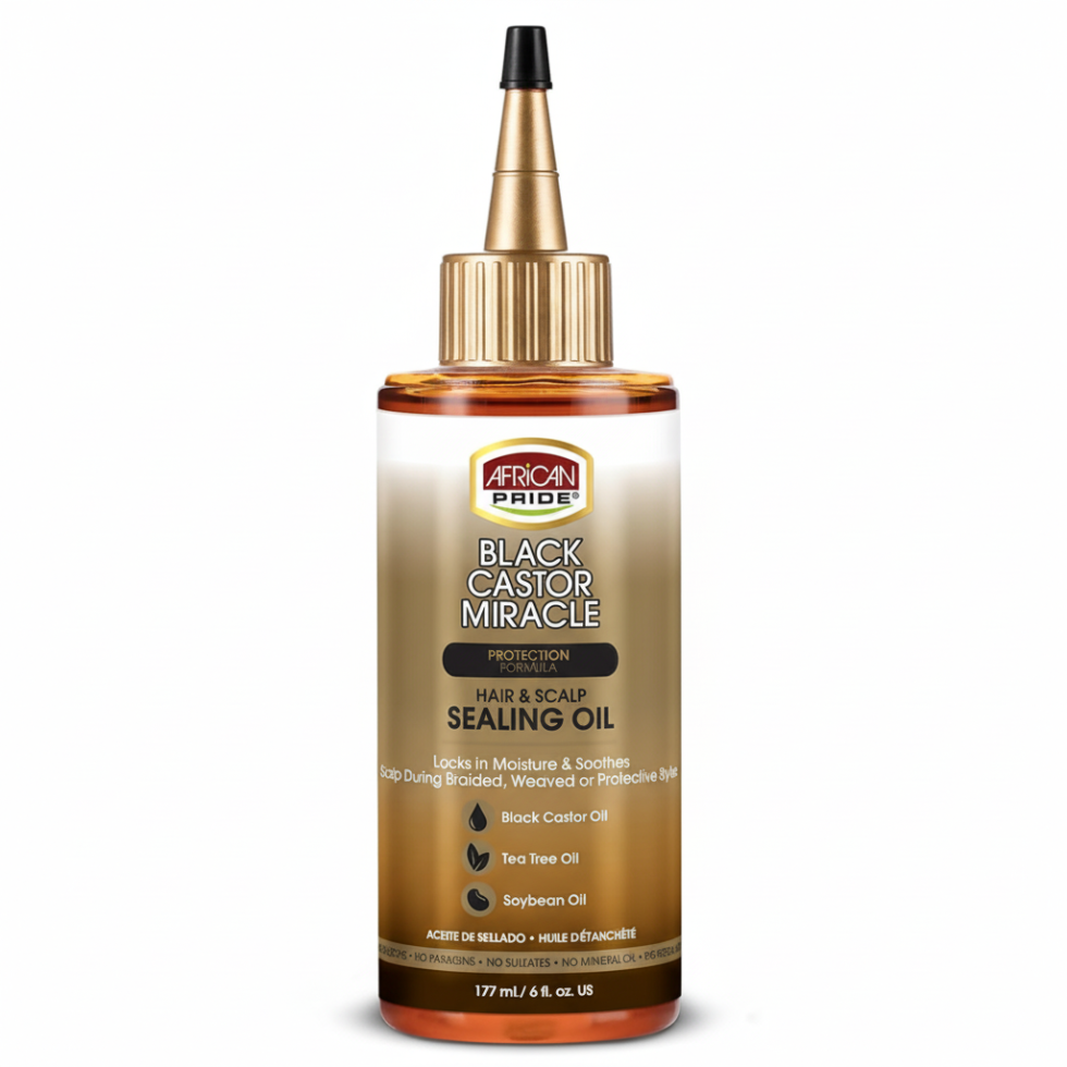 African Pride Black Castor Miracle hair and scalp sealing oil for moisturized strengthened soft shiny healthy-looking hair and scalp care