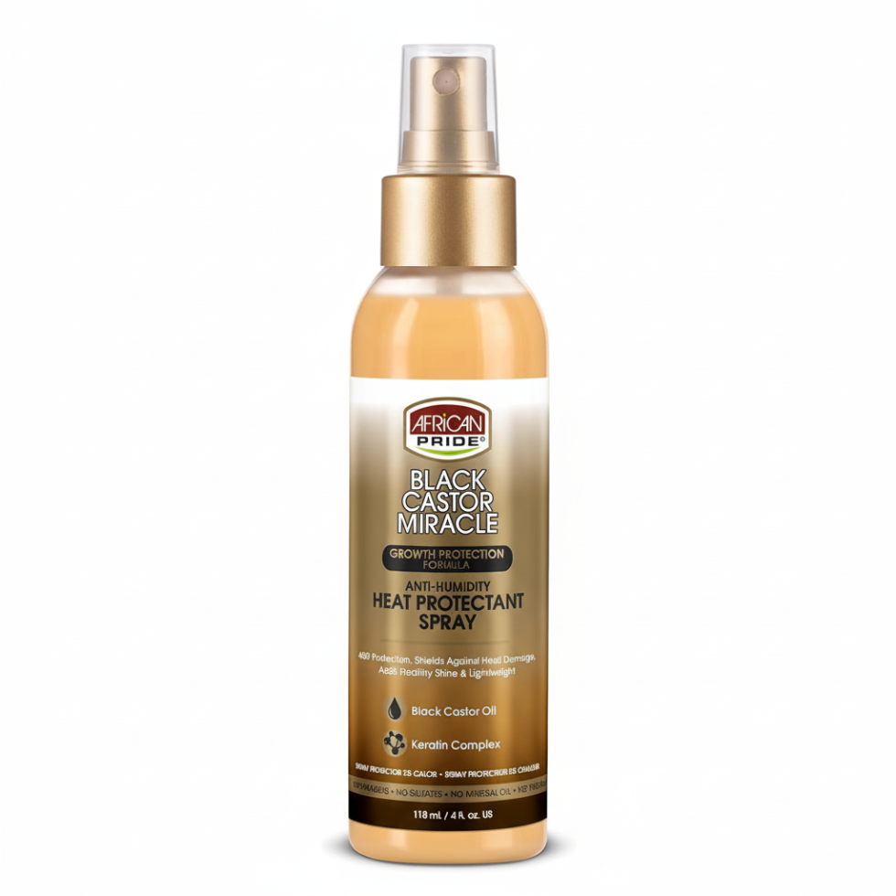 African Pride Black Castor Miracle heat protectant spray for strengthened heat-protected smooth frizz-free shiny healthy-looking hair