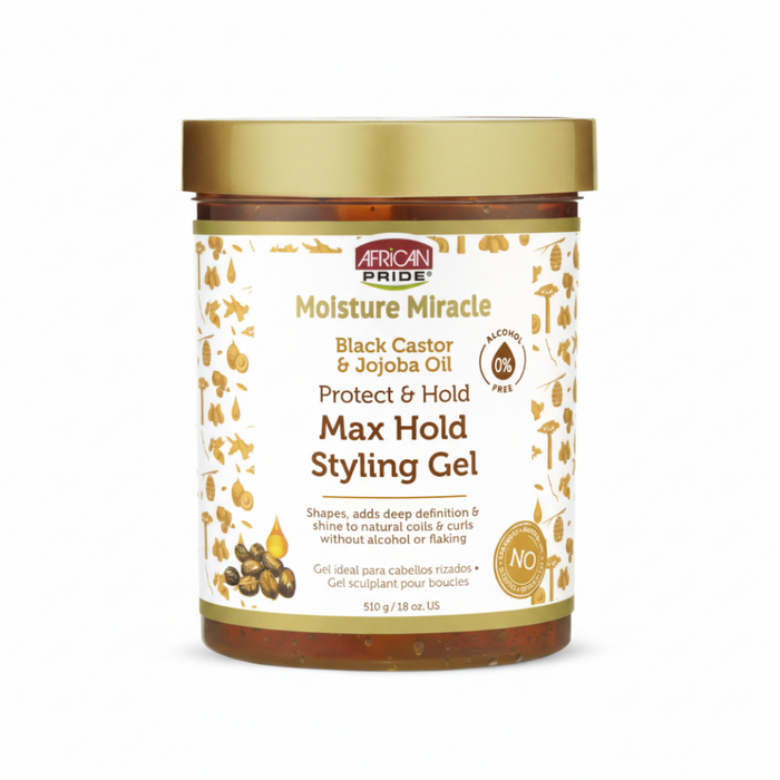 African Pride Black Castor Jojoba Max Hold Styling Gel 510g for curl definition shine frizz control and hold