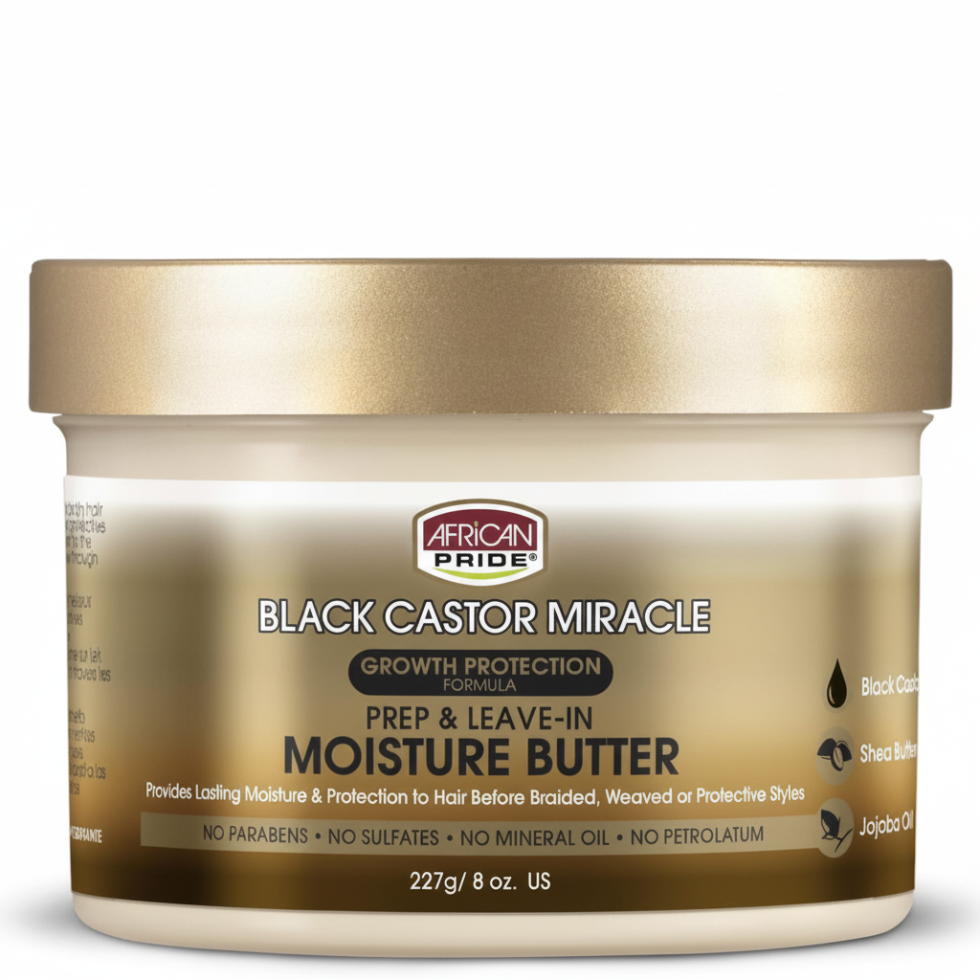 African Pride Black Castor Miracle leave in moisture butter for hydrated strengthened soft frizz-free healthy-looking hair
