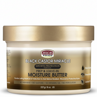 African Pride Black Castor Miracle leave in moisture butter for hydrated strengthened soft frizz-free healthy-looking hair