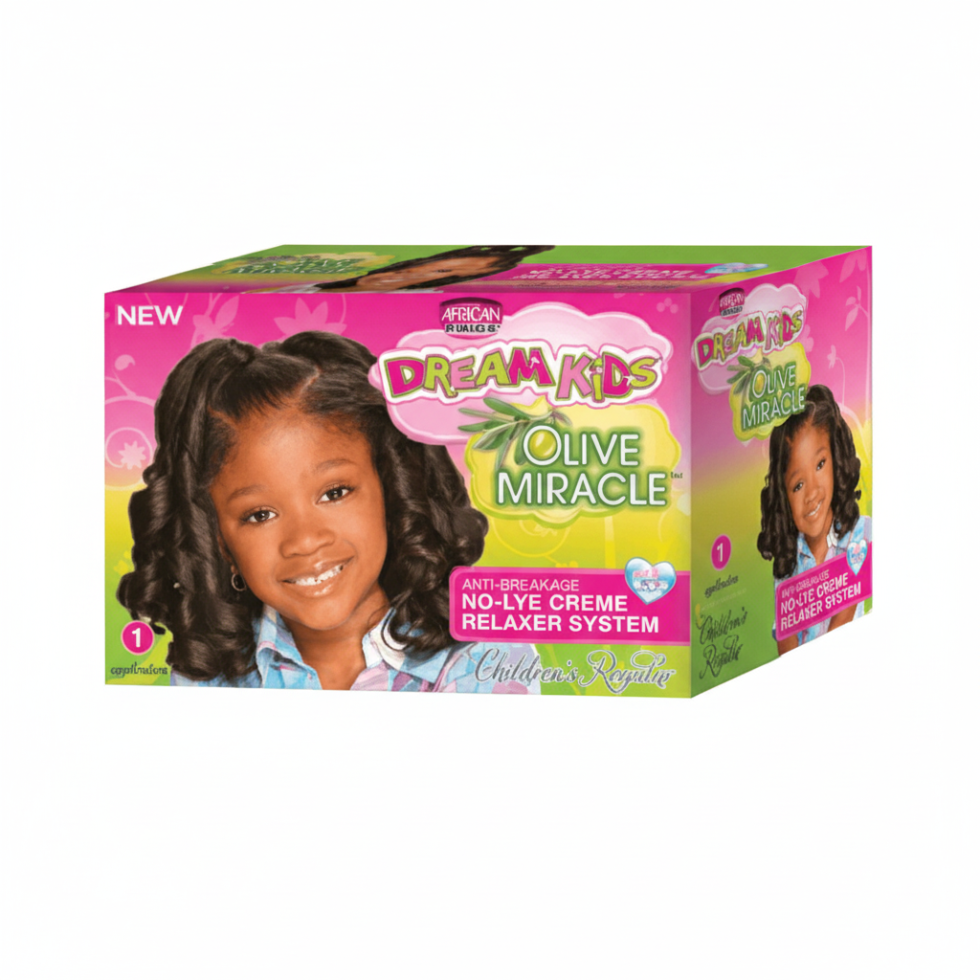 African Pride Dream Kids olive miracle no lye creme relaxer system gentle nourishing 1 application for smooth kids hair care