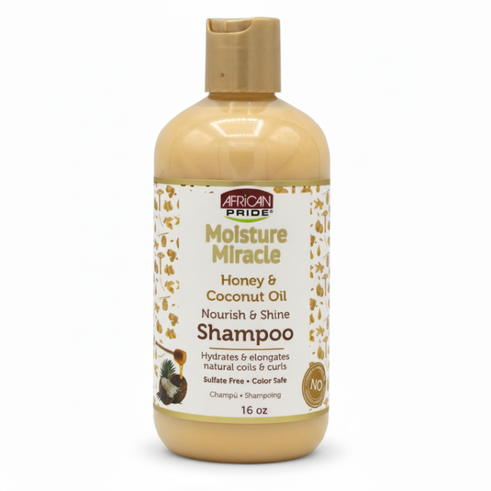 African Pride honey coconut oil nourish shine shampoo for clean hydrated soft shiny healthy-looking revitalized hair