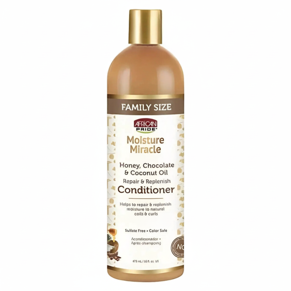 African Pride Moisture Miracle honey chocolate coconut oil repair replenish conditioner for hydrated soft smooth healthy-looking hair