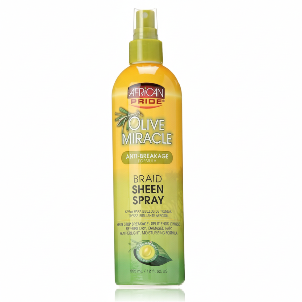 African Pride olive miracle braid sheen spray 12oz for moisturizing smoothing and protecting braids and twists hair care