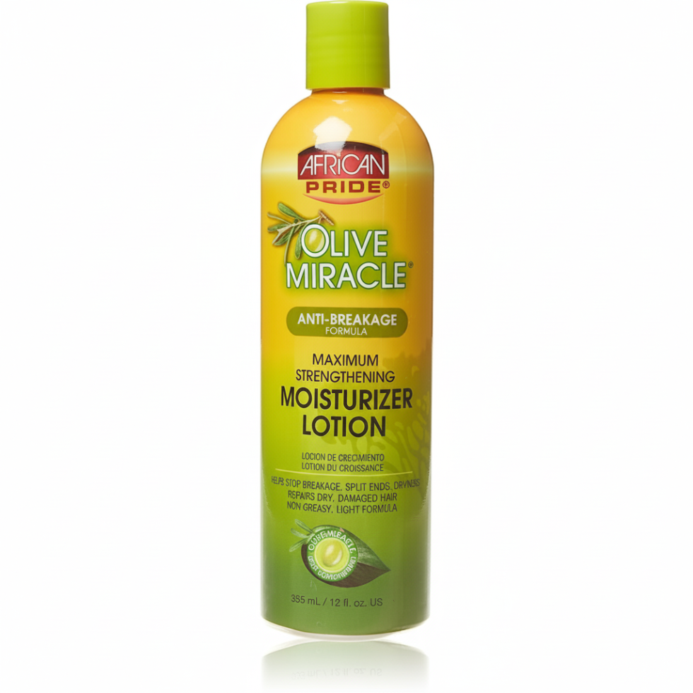 African Pride Olive Miracle anti-breakage daily hydration oil moisturizer lotion for hydrated soft frizz-free healthy-looking hair
