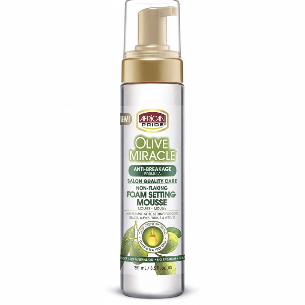 African Pride Olive Miracle foam setting mousse for frizz-free hold shine soft definition and smooth healthy-looking styled hair