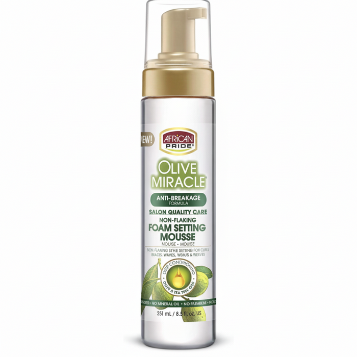 African Pride Olive Miracle Foam Mousse 8.5oz | Frizz-Free Hold & Shine