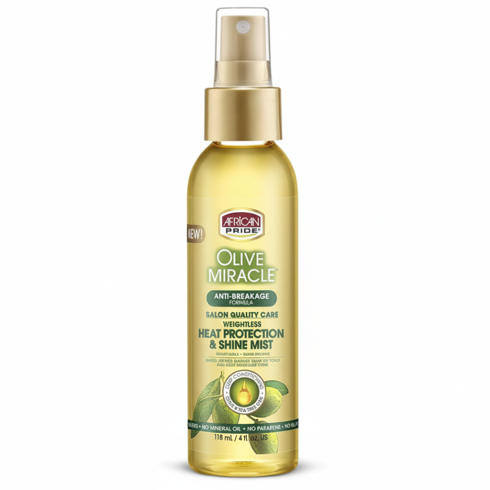 African Pride Olive Miracle anti-breakage heat protection shine mist hair spray for smooth frizz-free shiny heat-protected healthy-looking hair