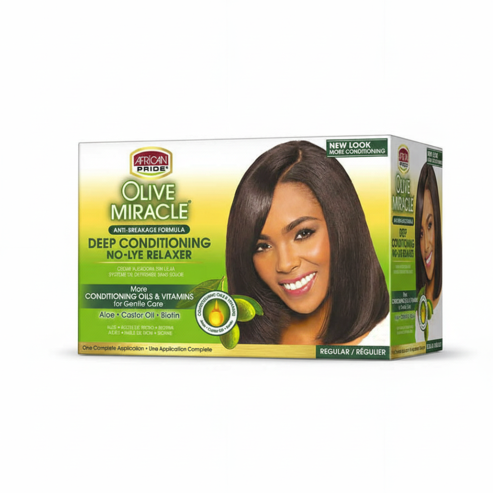 African Pride Olive Miracle deep conditioning anti breakage no lye relaxer regular one application for smooth straightened hair carec