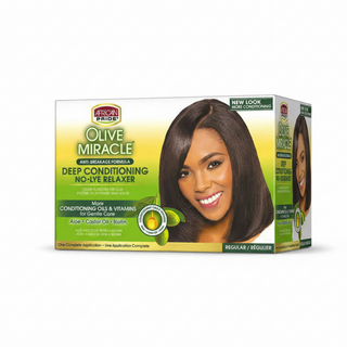 African Pride Olive Miracle deep conditioning anti breakage no lye relaxer regular one application for smooth straightened hair carec