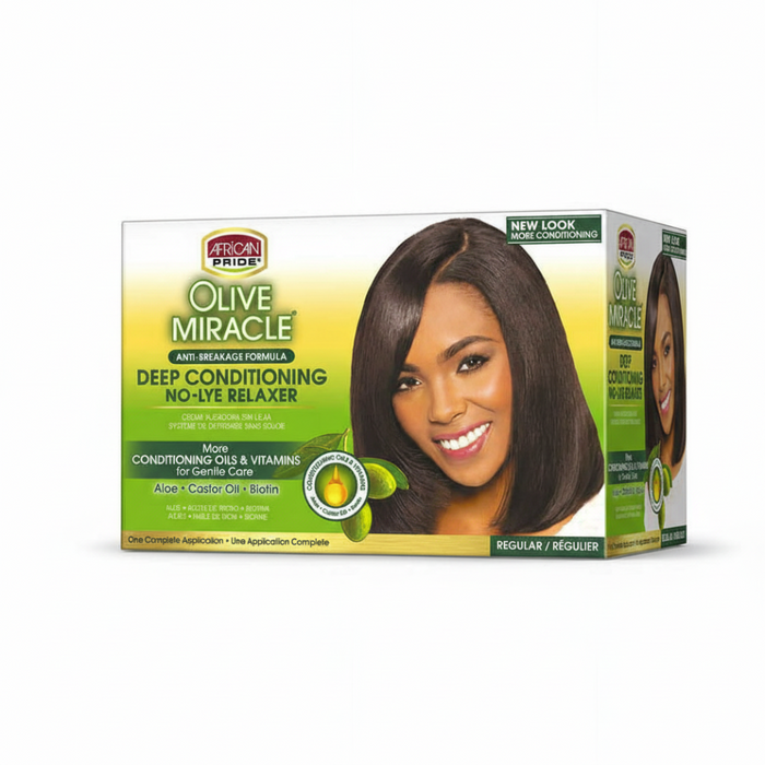 African Pride Olive Miracle deep conditioning anti breakage no lye relaxer regular one application for smooth straightened hair carec