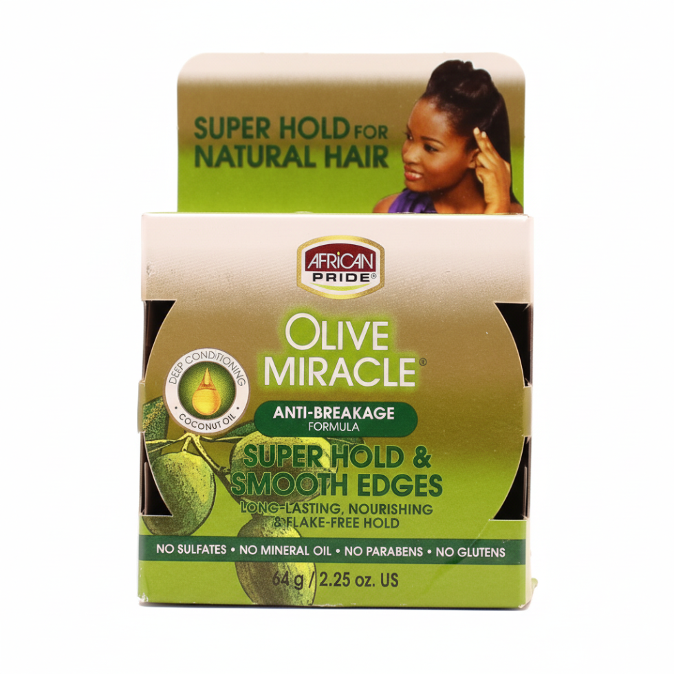 African Pride olive miracle super hold smooth edges 2.25oz for frizz control and sleek hairline styling care