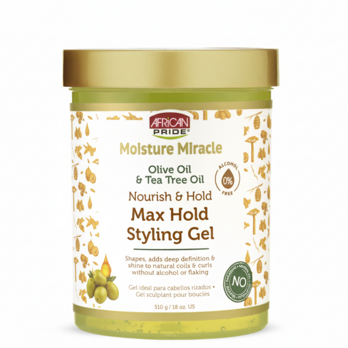 African Pride Olive Tea Tree Max Hold Styling Gel 18oz for curl definition shine frizz control and non flaking hold