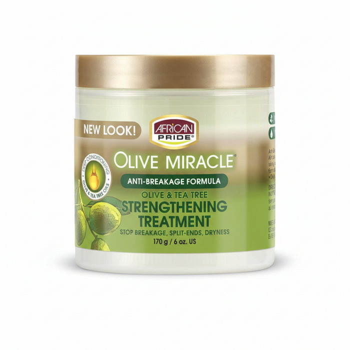 African Pride Olive Miracle olive and tea tree strengthening treatment for anti-breakage moisture repair smooth healthy-looking hair