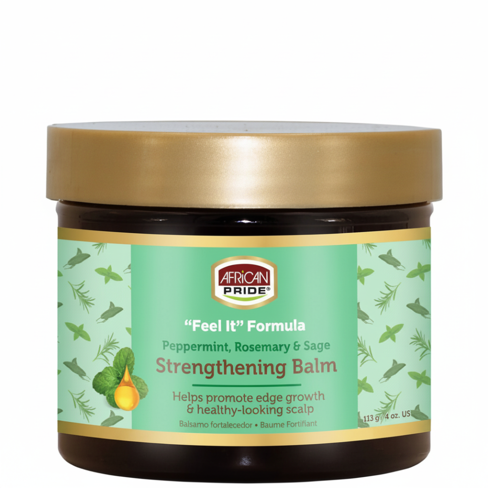 African Pride Peppermint Rosemary Sage Strengthening Balm 113g for edge care scalp nourishment and breakage support