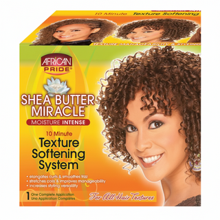 African Pride Shea Butter Miracle texture softening elongating system 1 application for curl softening and manageable hair care