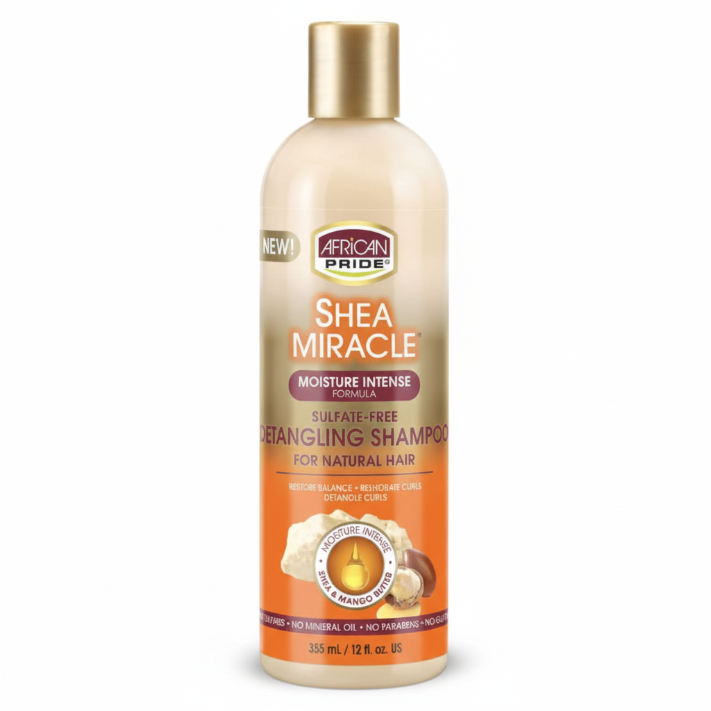 African Pride Shea Miracle sulfate free detangling shampoo 12oz for smooth hydrated manageable hair