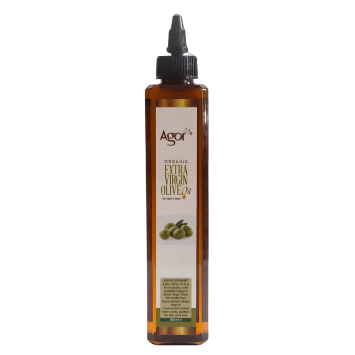 Agor Organic Extra Virgin Olive Oil 250ml multi purpose bottle for hair and body deep nourishment.