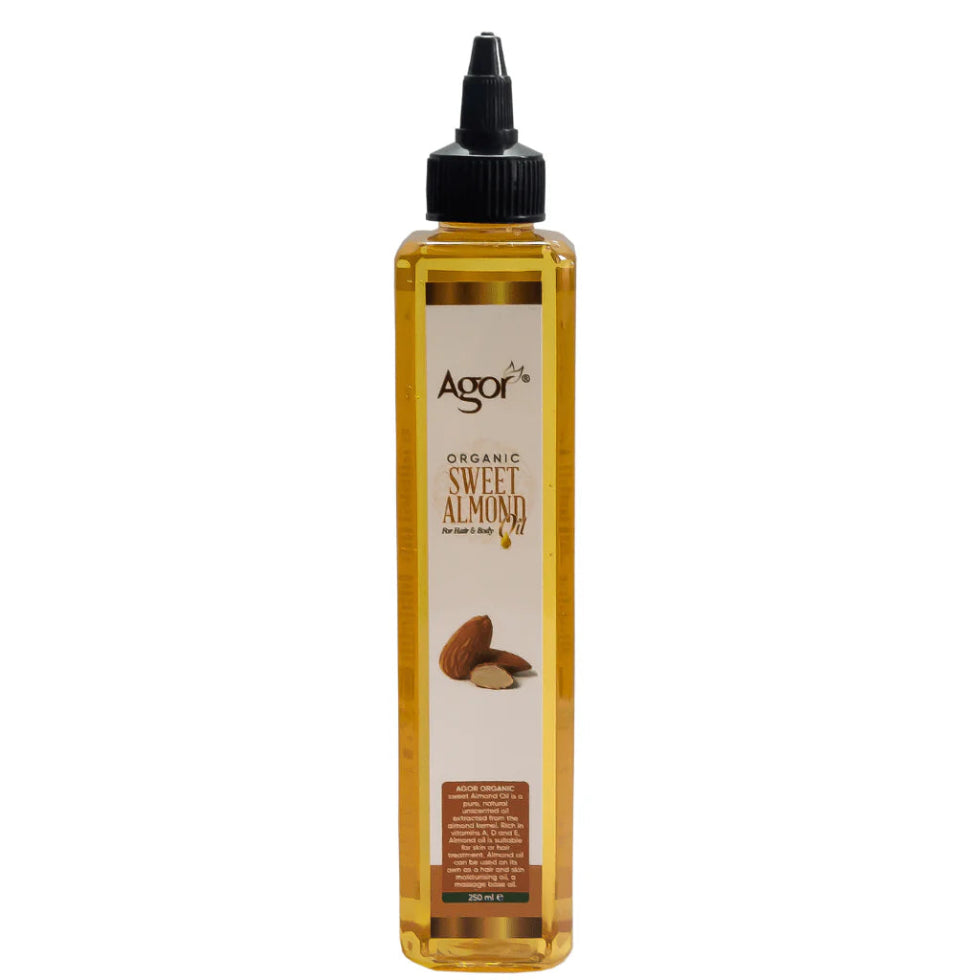 Agor Organic Sweet Almond Oil 250ml multi purpose bottle for hair and body deep nourishment care.