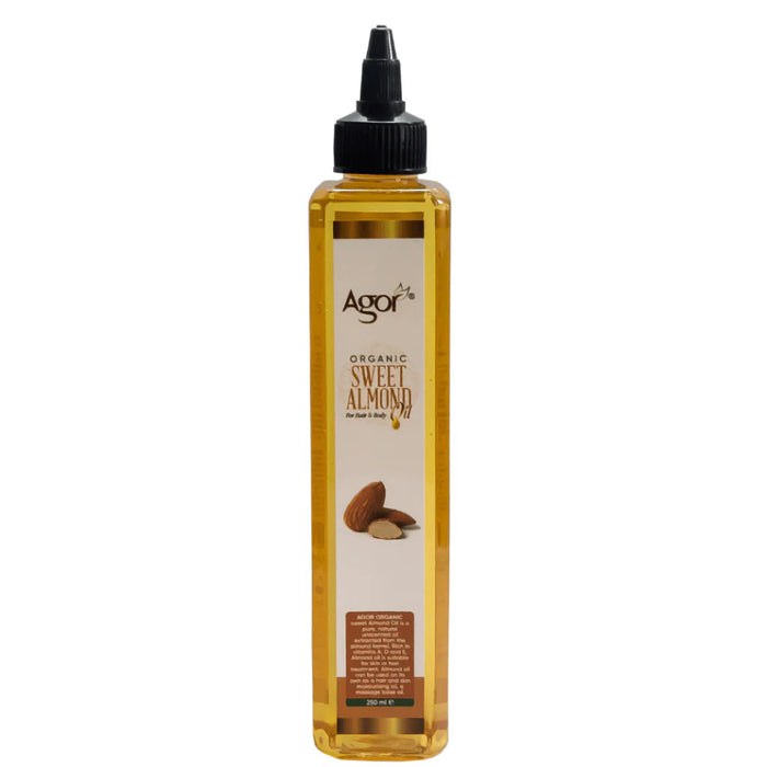 Agor Organic Sweet Almond Oil 250ml multi purpose bottle for hair and body deep nourishment care.