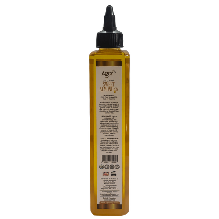 Agor Organic Sweet Almond Oil 250ml multi purpose bottle for hair and skin moisturizer care.