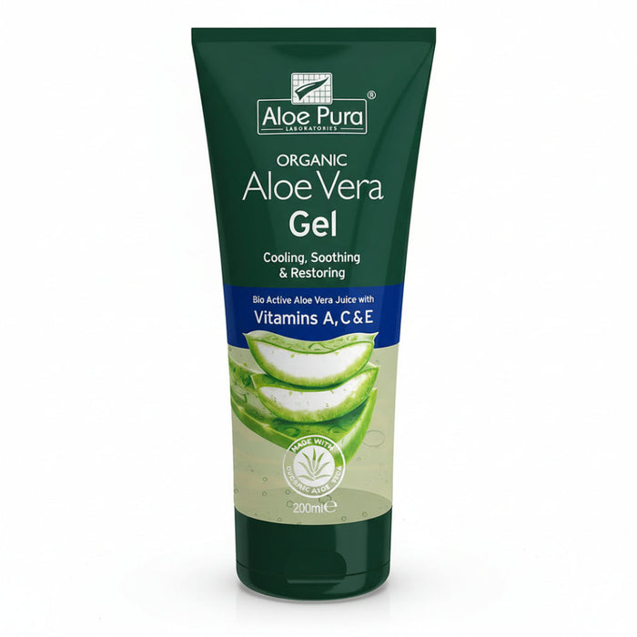 aloe pura organic aloe vera gel 200ml cooling soothing restoring skin care gel hydrating non greasy aloe vera moisturizer natural organic face and body gel calming skin relief product