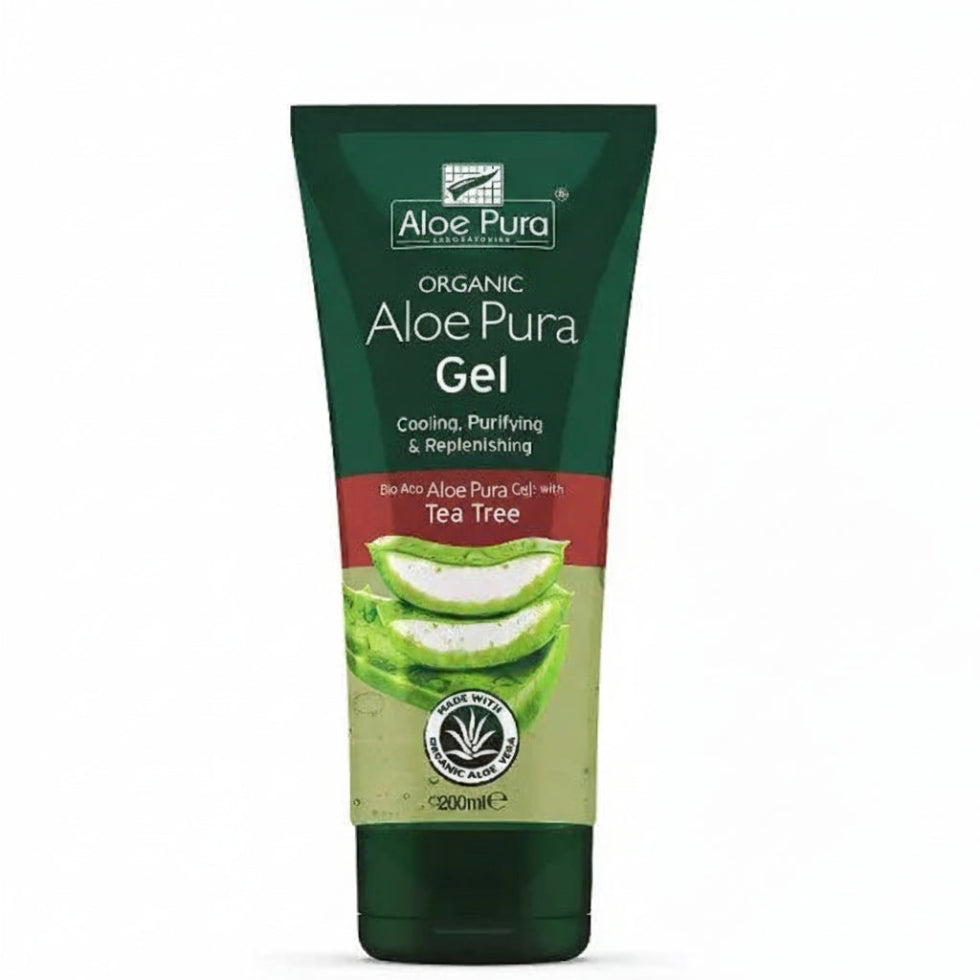 aloe pura organic aloe vera gel with tea tree 200ml soothing purifying hydrating skin care gel non greasy aloe vera moisturizer face and body tea tree gel refreshing skin care product