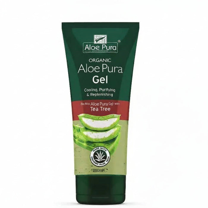 aloe pura organic aloe vera gel with tea tree 200ml soothing purifying hydrating skin care gel non greasy aloe vera moisturizer face and body tea tree gel refreshing skin care product