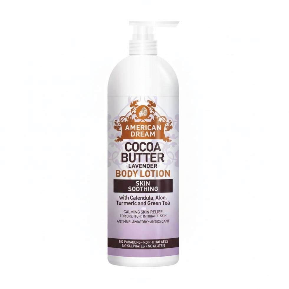 american dream cocoa butter lavender lotion vitamin e soothing hydration soft smooth radiant skin