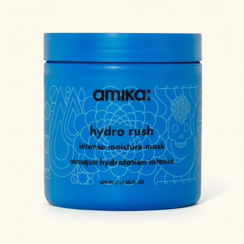 Amika Hydro Rush Intense Moisture Mask 500ml for deep hydration softness and healthy-looking hair treatment