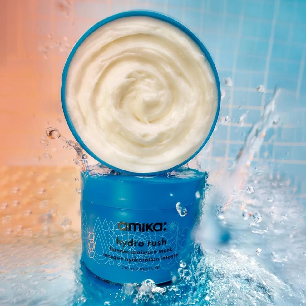 Amika Hydro Rush Intense Moisture Mask 500ml for deep hydration softness and healthy-looking hair treatment