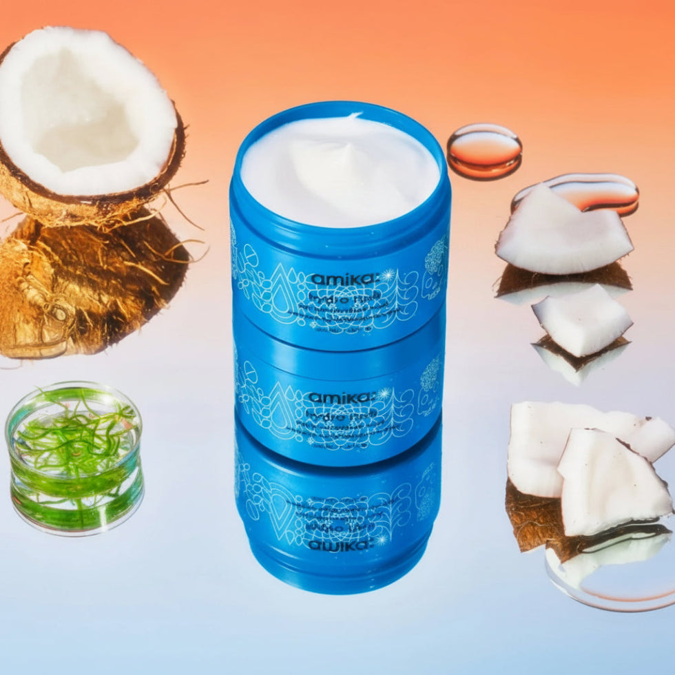 Amika Hydro Rush Intense Moisture Mask 500ml for deep hydration softness and healthy-looking hair treatment