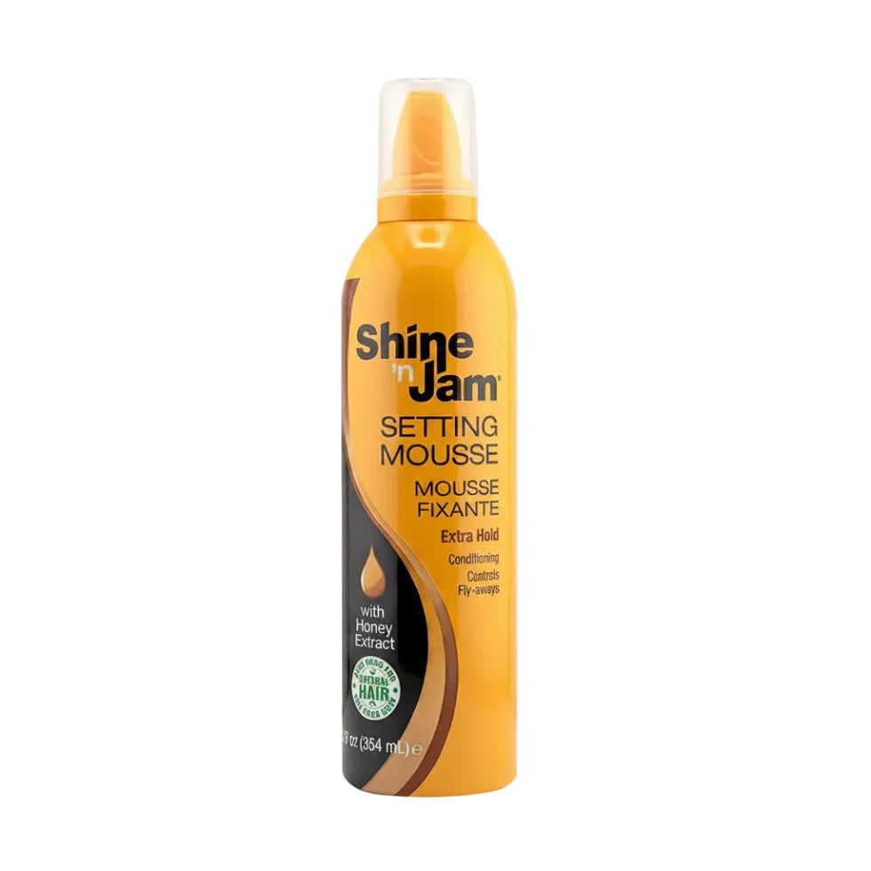 ampro shine n jam setting mousse extra hold honey 354ml braids foam for protective styles frizz control smooth shine finish
