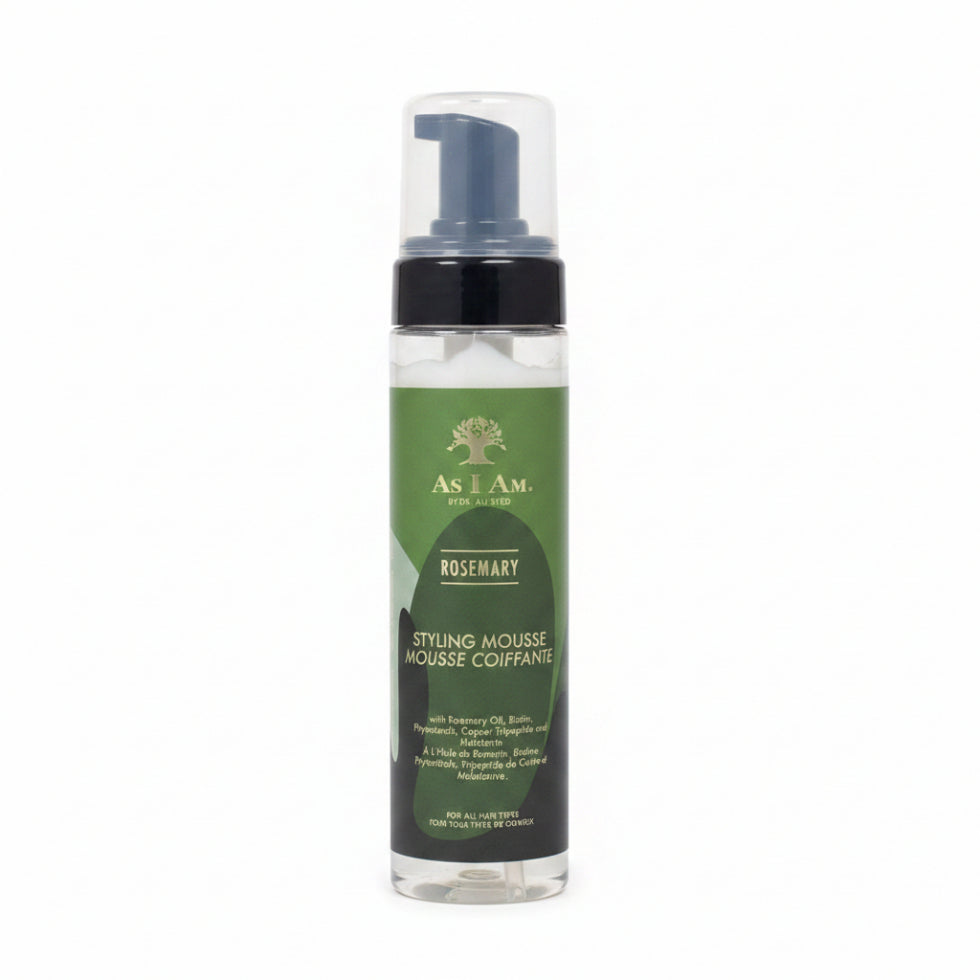 As I Am rosemary styling mousse flexible hold foam for volume shine frizz free curls and natural hair styling with moisture and strength support